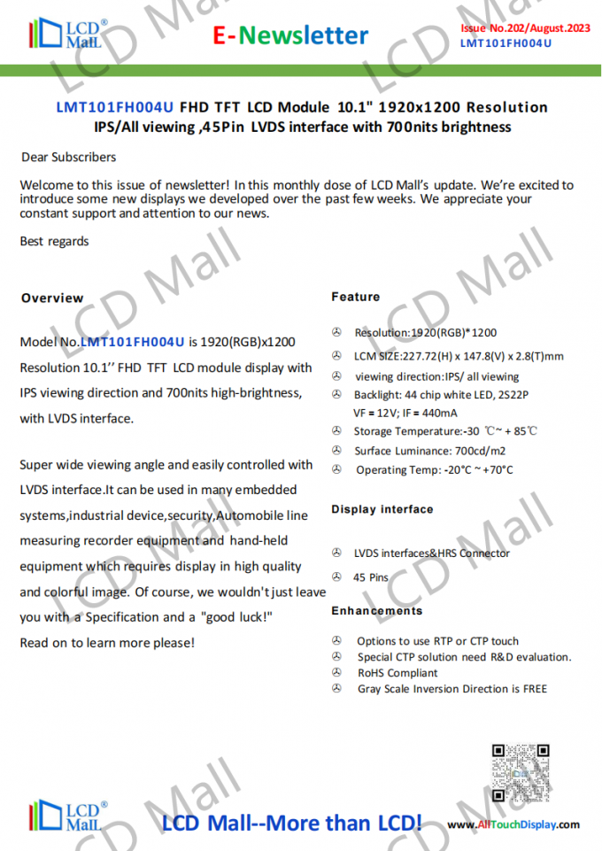 последние новости компании о Издание 202 Newsletter_10.1 дюйм LMT101FH004U Из LCD Mall  0