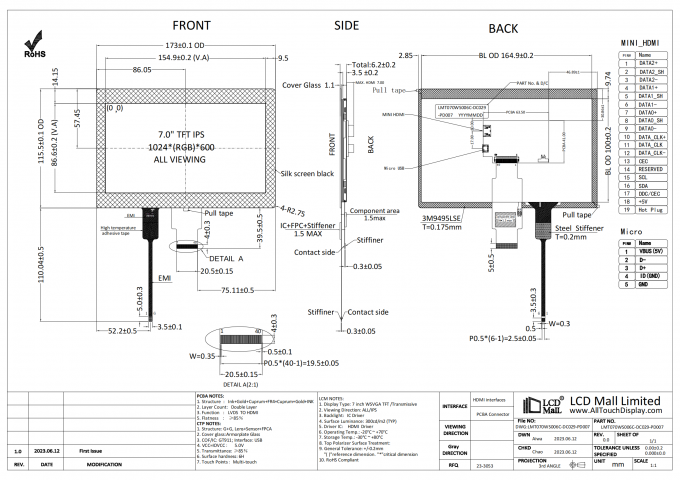 7 дюймовый TFT LCD модуль 1024x600 Дисплей для автомобилей с CPT Touch IPS широким углом просмотра 0