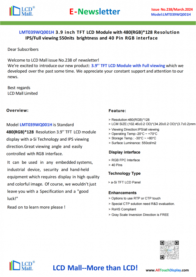 последние новости компании о Издание No238 Newsletter_3.9 дюйм LMT039WQ001H Из торгового центра LCD  0