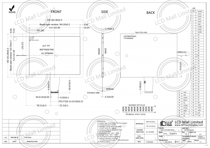 JD9165A Драйвер IC 8 дюймовый tft lcd экран Дисплей с 27 микросхемами светодиодов Заднее освещение 50 штифтов 0