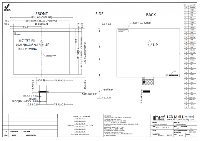 8.0" TFT LCD Модуль 1024*768 Разрешение 1000nits 40PIN LVDS Интерфейс для АК проволоки сварки к FPC 0