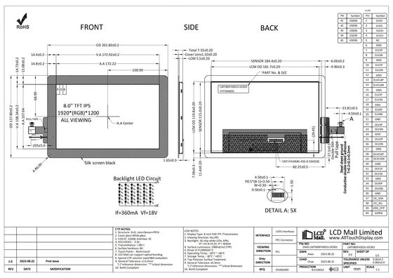 Умный 8-дюймовый FHD TFT LCD CTP дисплей 1920*1200 LCD Экран IPS 1000nits LVDS интерфейс